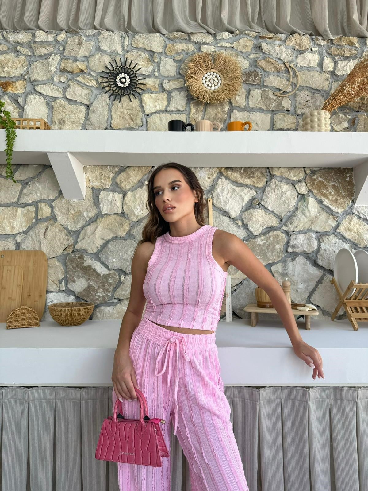 Ters Dikiş Gagari Kumaş Halter Bluz Palazzo Pantolon İkili Takım