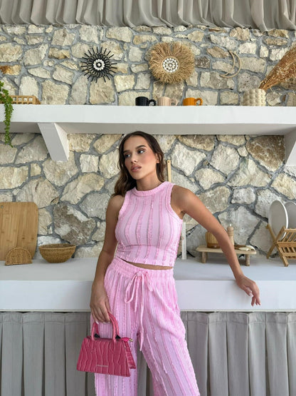 Ters Dikiş Gagari Kumaş Halter Bluz Palazzo Pantolon İkili Takım