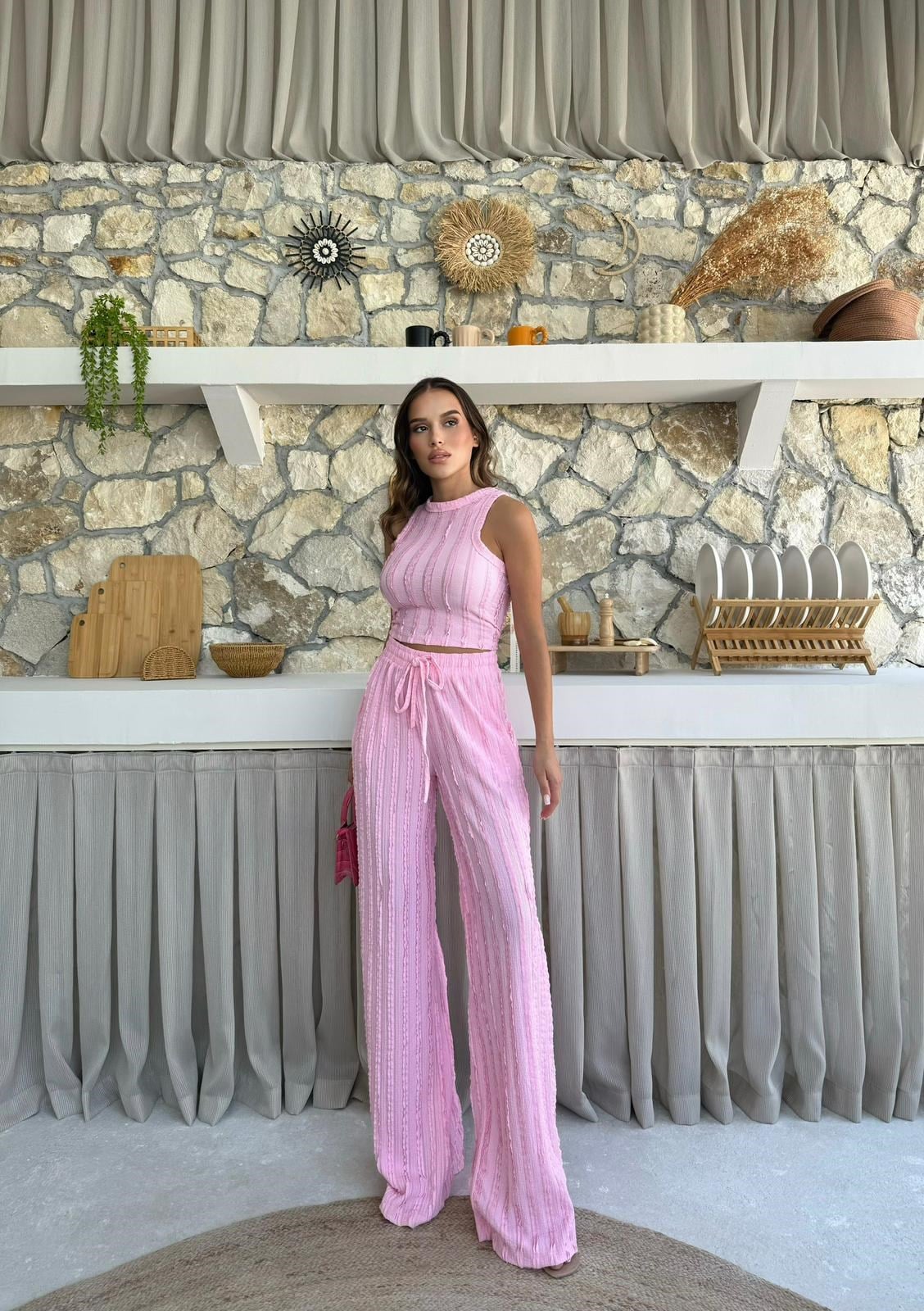 Ters Dikiş Gagari Kumaş Halter Bluz Palazzo Pantolon İkili Takım