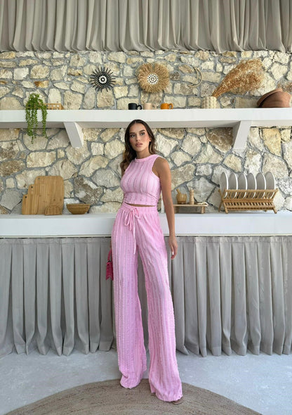 Ters Dikiş Gagari Kumaş Halter Bluz Palazzo Pantolon İkili Takım