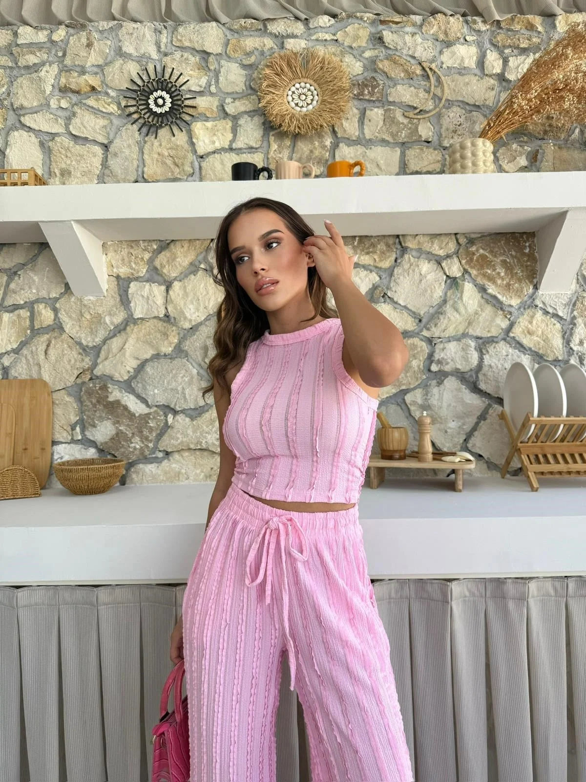 Ters Dikiş Gagari Kumaş Halter Bluz Palazzo Pantolon İkili Takım