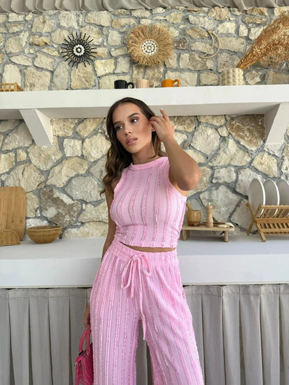 Ters Dikiş Gagari Kumaş Halter Bluz Palazzo Pantolon İkili Takım