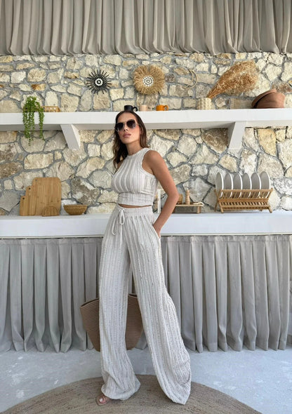 Ters Dikiş Gagari Kumaş Halter Bluz Palazzo Pantolon İkili Takım