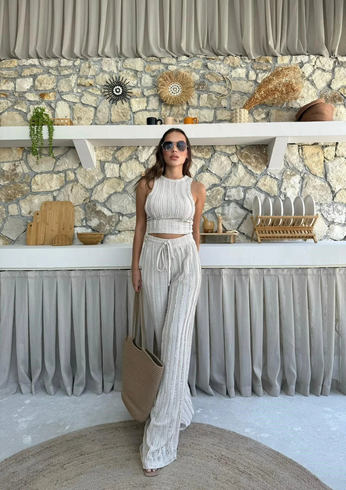 Ters Dikiş Gagari Kumaş Halter Bluz Palazzo Pantolon İkili Takım