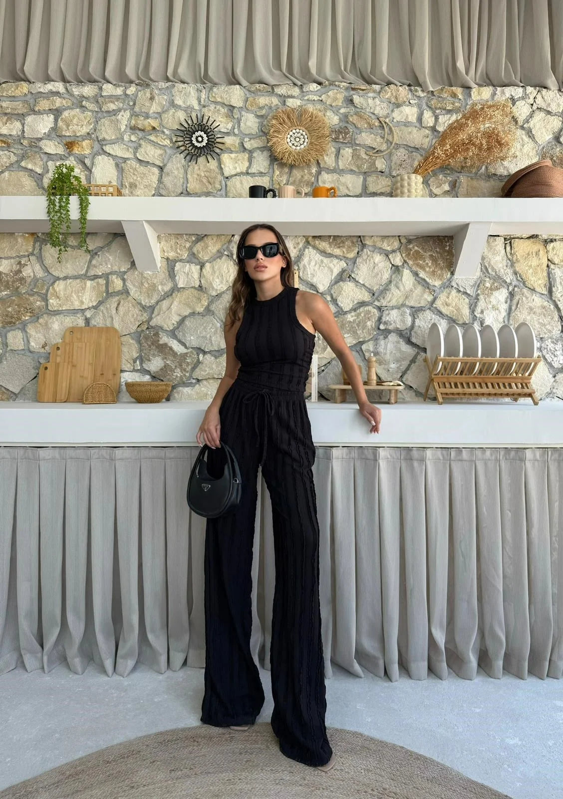Ters Dikiş Gagari Kumaş Halter Bluz Palazzo Pantolon İkili Takım