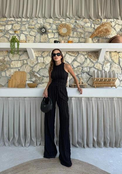 Ters Dikiş Gagari Kumaş Halter Bluz Palazzo Pantolon İkili Takım
